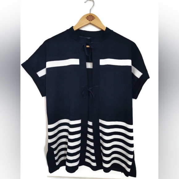 no tag Sweaters - Vintage Navy And White Stretch Coastal Cardigan Size L/ XL